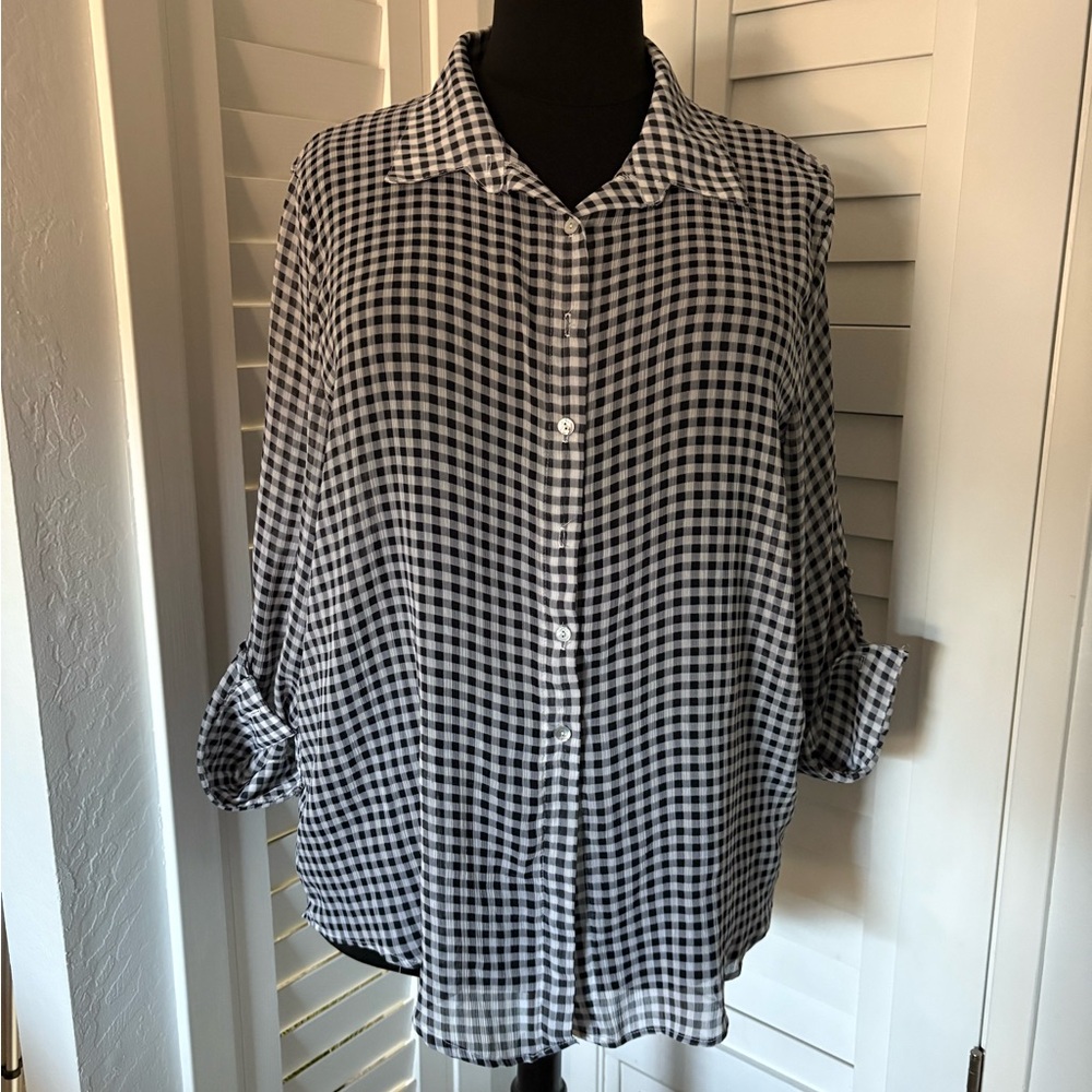 Black and White Checkered Sheer Button-Up Shirt